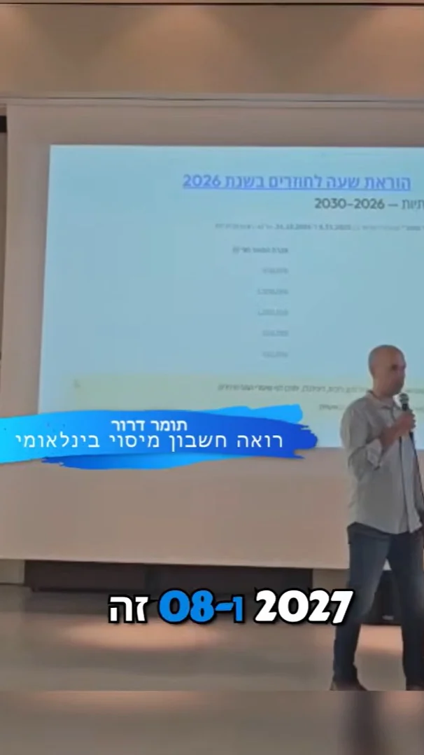 תומר דרור עומד עם מיקרופון ומרצה על הוראת השעה לתושבים חוזרים בשנת 2026, עם הכיתוב: תומר דרור, רואה חשבון מיסוי בינלאומי
